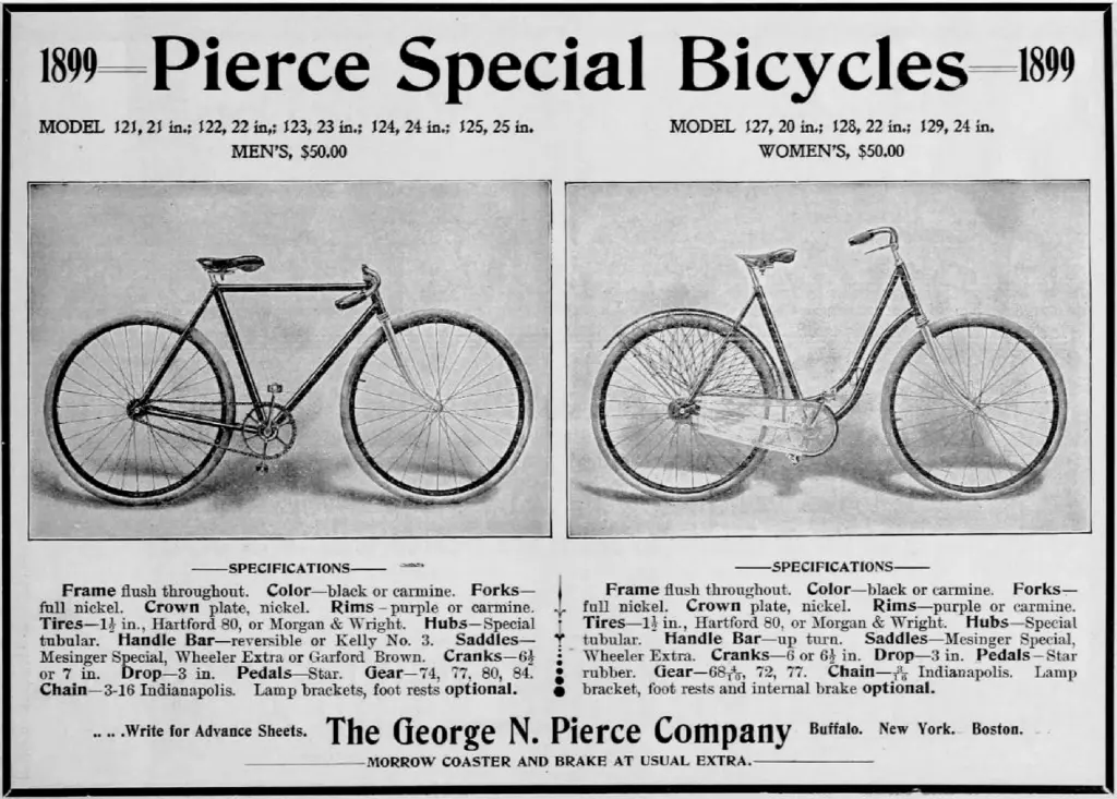 An 1899 advertisement for Pierce Special Bicycles, men’s and women’s models.