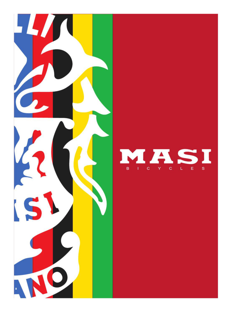 Front cover of the 2016 Masi Bicycles catalogue: white MASI wordmark on a red panel beside rainbow world-championship stripes overprinted with stylised white "Milano" lettering.