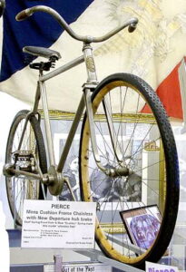 1901 Pierce Cushion Frame Chainless bicycle with shaft drive and New Departure hub brake on museum display