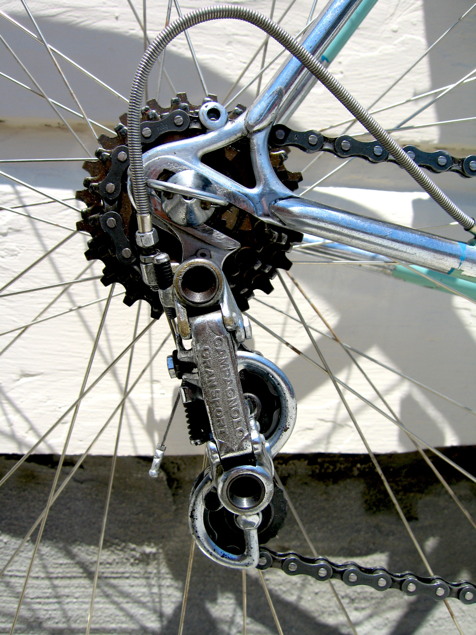 A chromed Campagnolo Gran Sport rear derailleur, its body engraved with the Campagnolo name, under a five-speed freewheel on a celeste Bianchi frame.