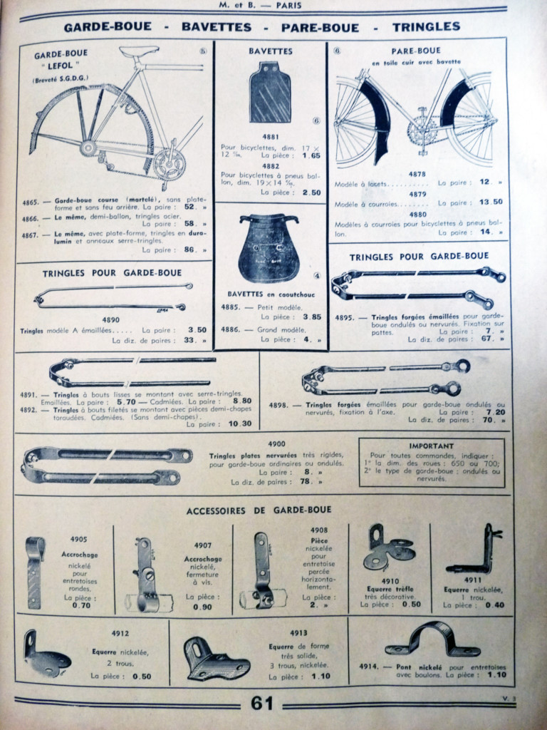 Mestre et Blagé 1939 Catalog — Garde-Boue Lefol, Bavettes, Pare-Boue and Tringles (Page 61) — page 1 of 1