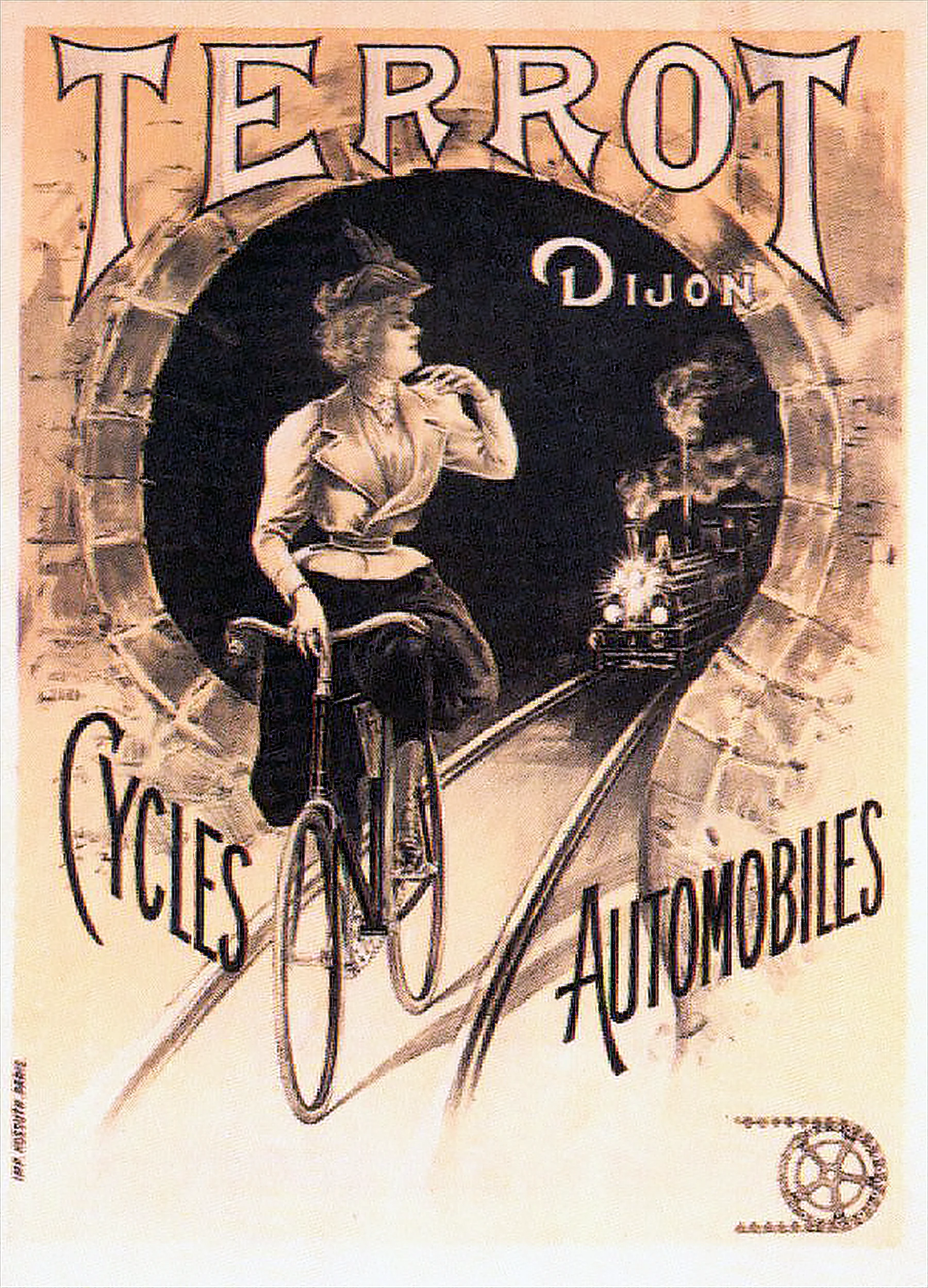 Sepia Terrot Dijon cycles and automobiles poster, circa 1900, a woman cycling out of a railway tunnel as a steam locomotive approaches
