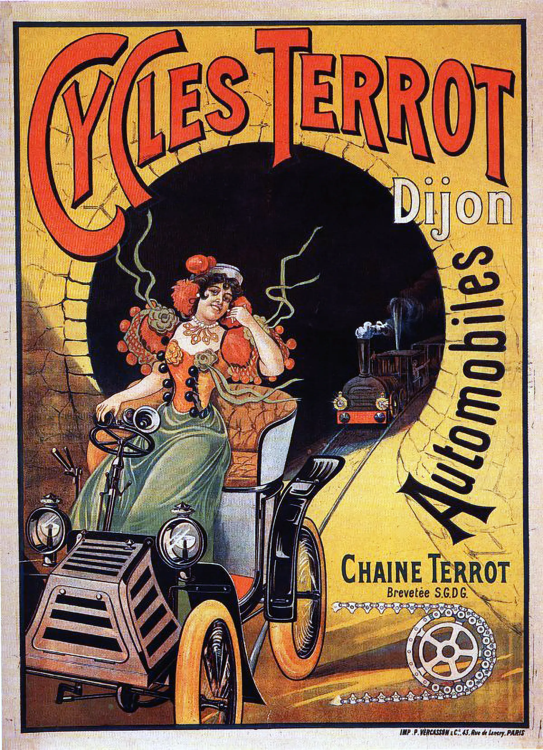 Color Cycles Terrot Dijon poster, circa 1901, an elegant woman seated in an early automobile beside a tunnel with a steam train