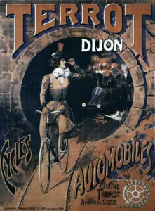 Terrot Dijon cycles and automobiles poster, circa 1901, a woman in brown riding a bicycle from a stone tunnel arch with a steam train behind