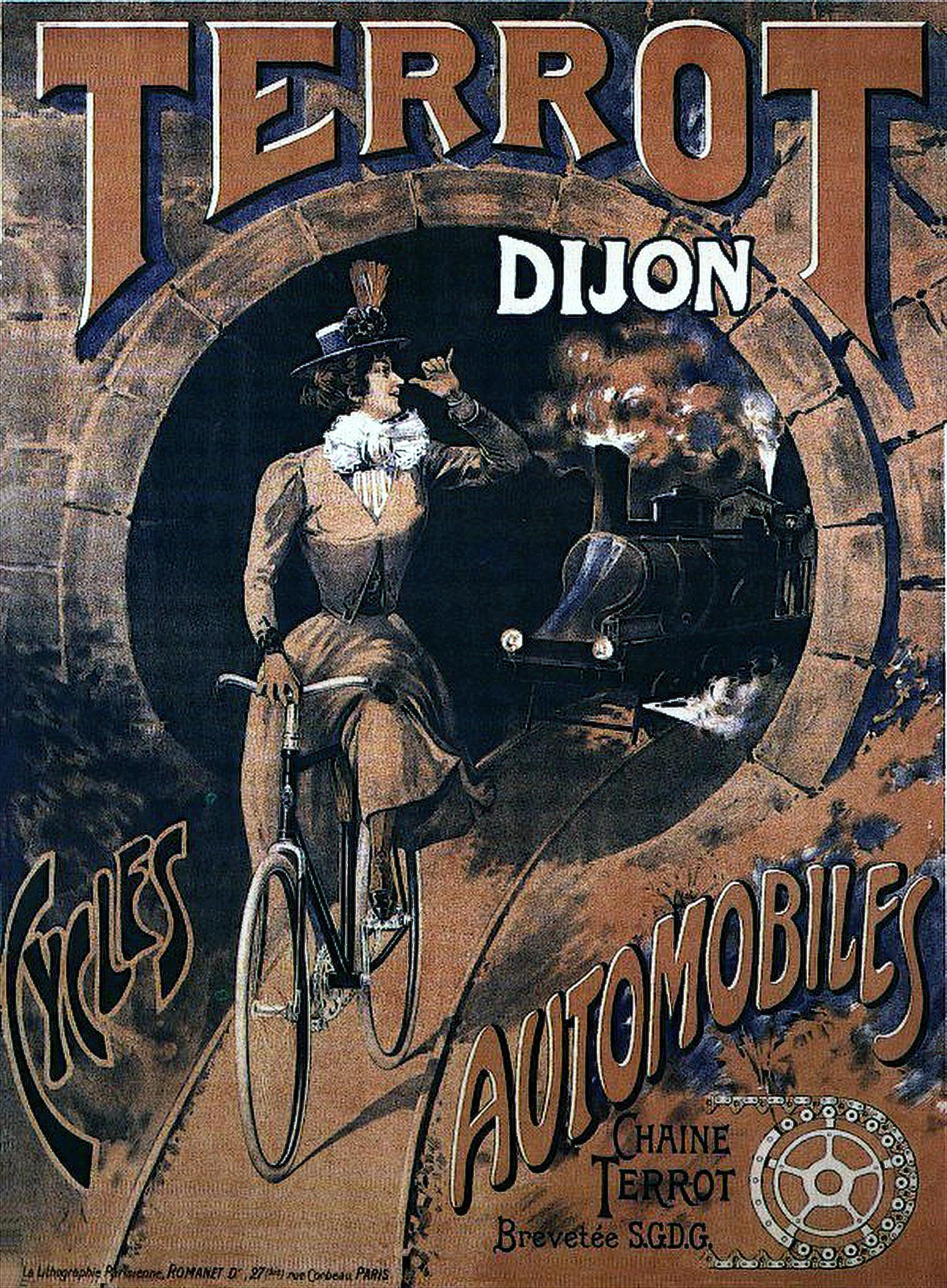 Terrot Dijon cycles and automobiles poster, circa 1901, a woman in brown riding a bicycle from a stone tunnel arch with a steam train behind