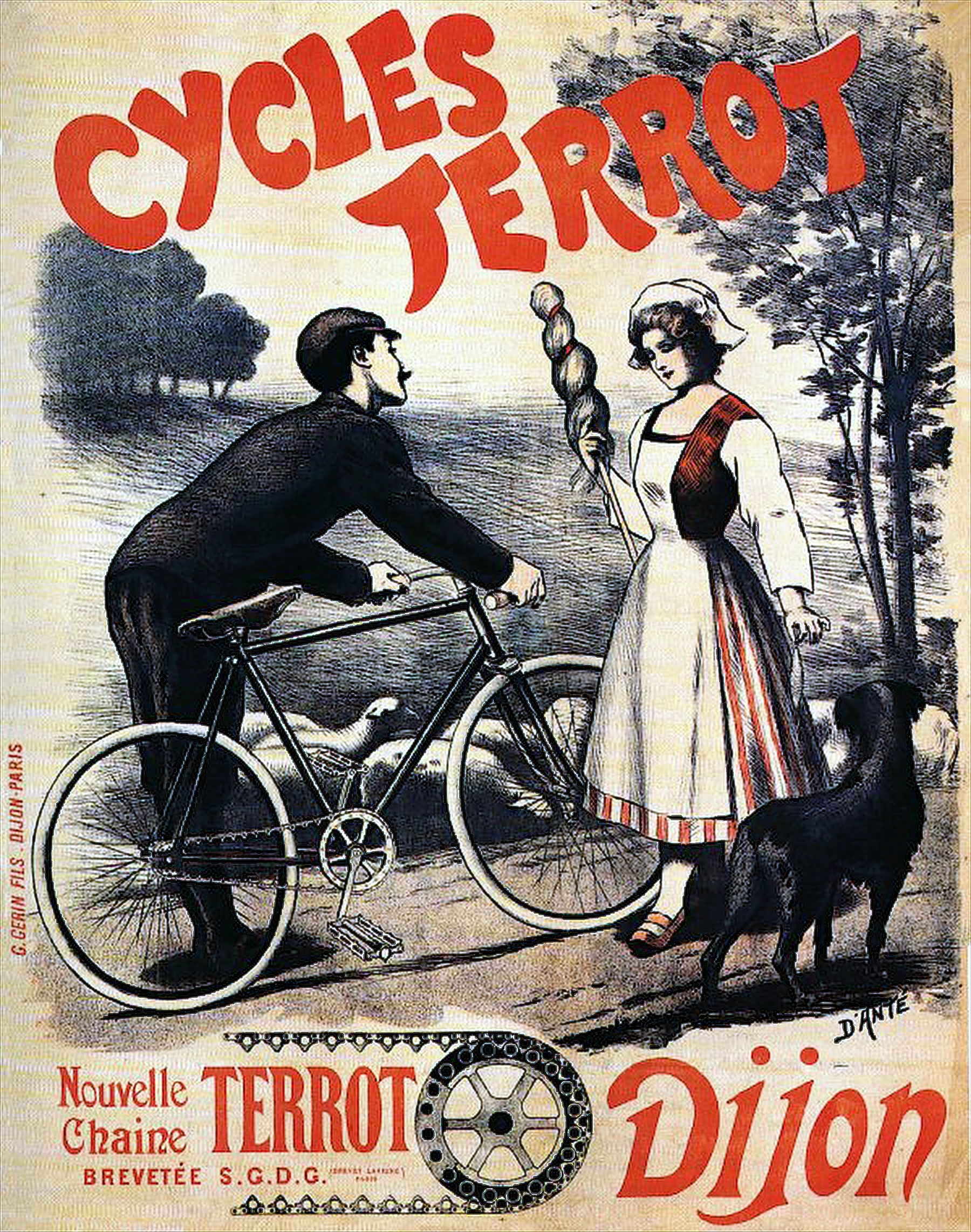Cycles Terrot Dijon poster by D'Ante, 1896, a cyclist greeting a woman in regional dress with a black dog on a country road