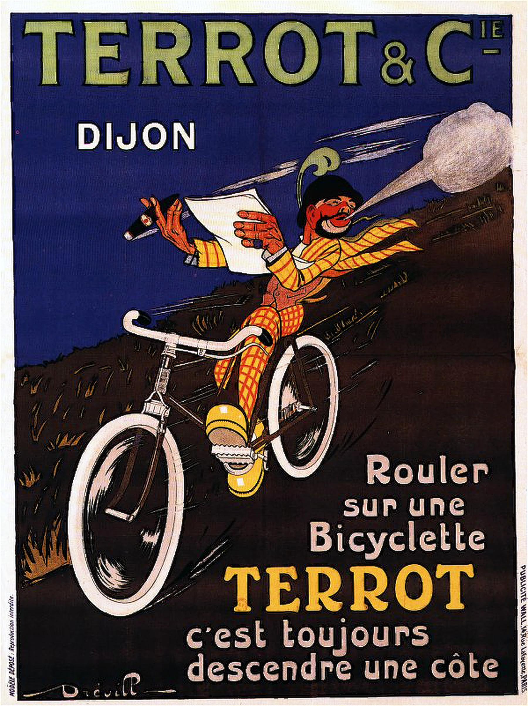Comic Terrot Dijon poster by Dréville, 1913, a harlequin freewheeling downhill reading a newspaper, captioned that riding a Terrot is always coasting downhill