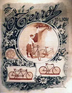 Ornate Terrot Dijon poster, 1898, a central vignette of a couple with a bicycle framed by art nouveau flowers, with tandem and roadster insets