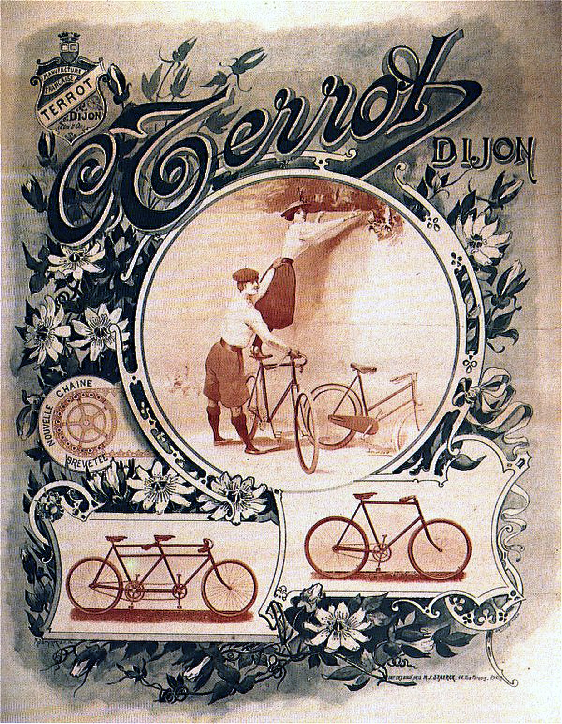 Ornate Terrot Dijon poster, 1898, a central vignette of a couple with a bicycle framed by art nouveau flowers, with tandem and roadster insets