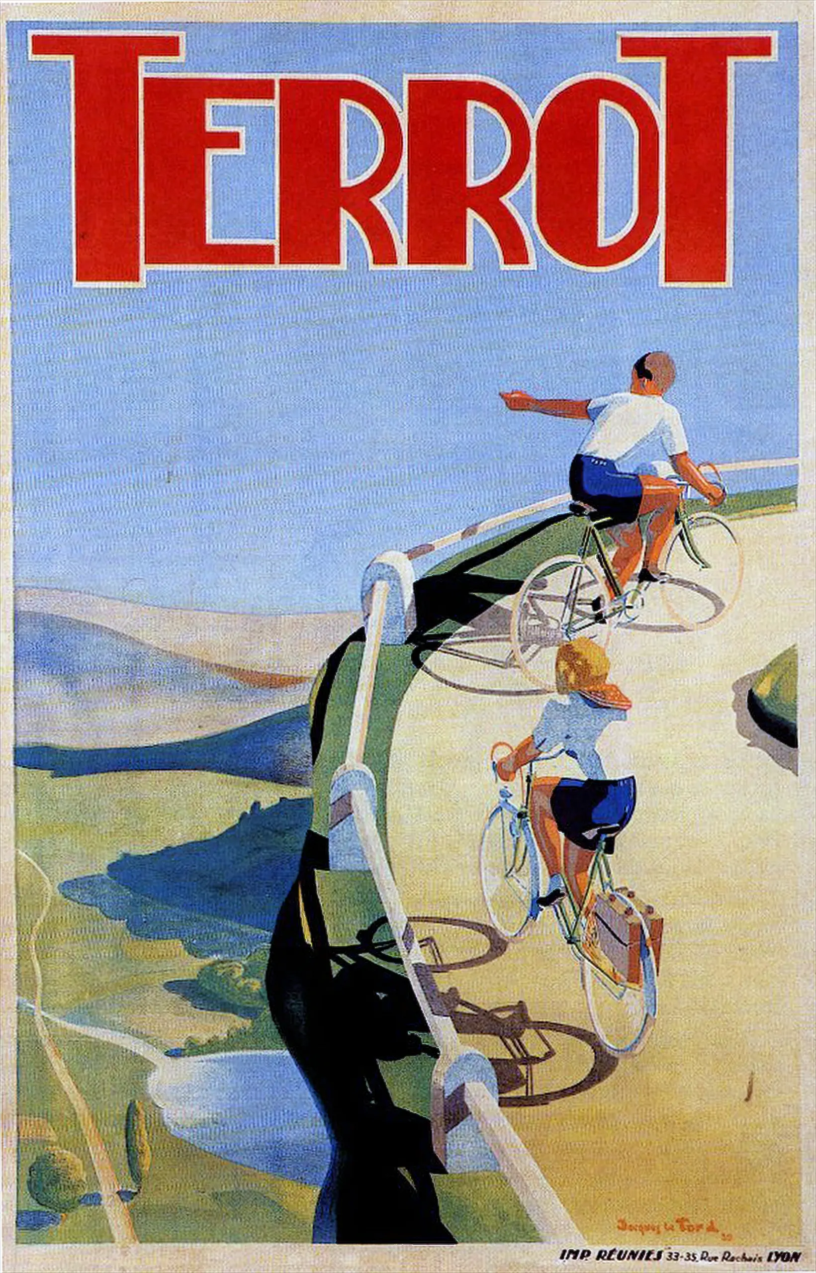 Art deco Terrot poster by J. Le Tord, 1939, two cyclists climbing a curving mountain road high above a green valley