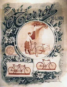 Ornate Terrot Dijon poster, 1893, a central vignette of a couple with a bicycle framed by art nouveau flowers, with tandem and roadster insets