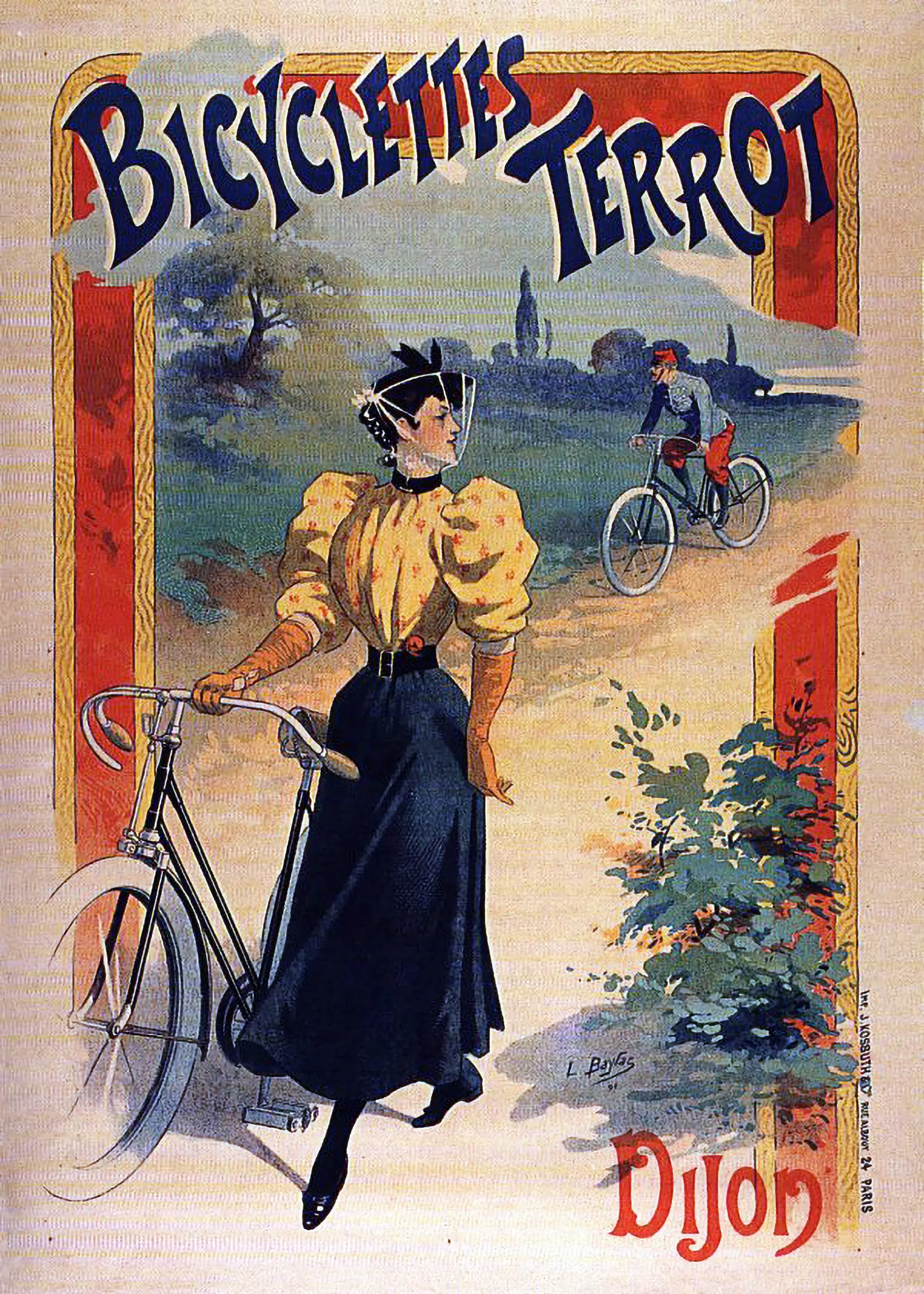 Bicyclettes Terrot Dijon poster by L. Baylac, 1894, a woman in a yellow floral blouse standing with a bicycle as a cyclist rides past a village