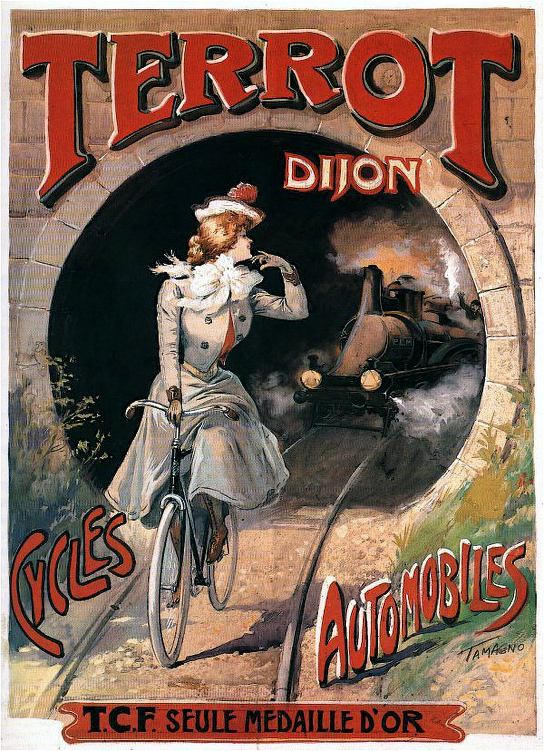 Terrot Dijon cycles and automobiles poster by Tamagno, 1902, a woman cycling from a stone tunnel as a steam locomotive emerges