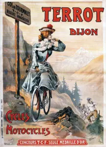Terrot Dijon cycles and motorcycles poster by Tamagno, 1903, a woman descending a mountain path past a Col du Tourmalet danger sign, riders behind
