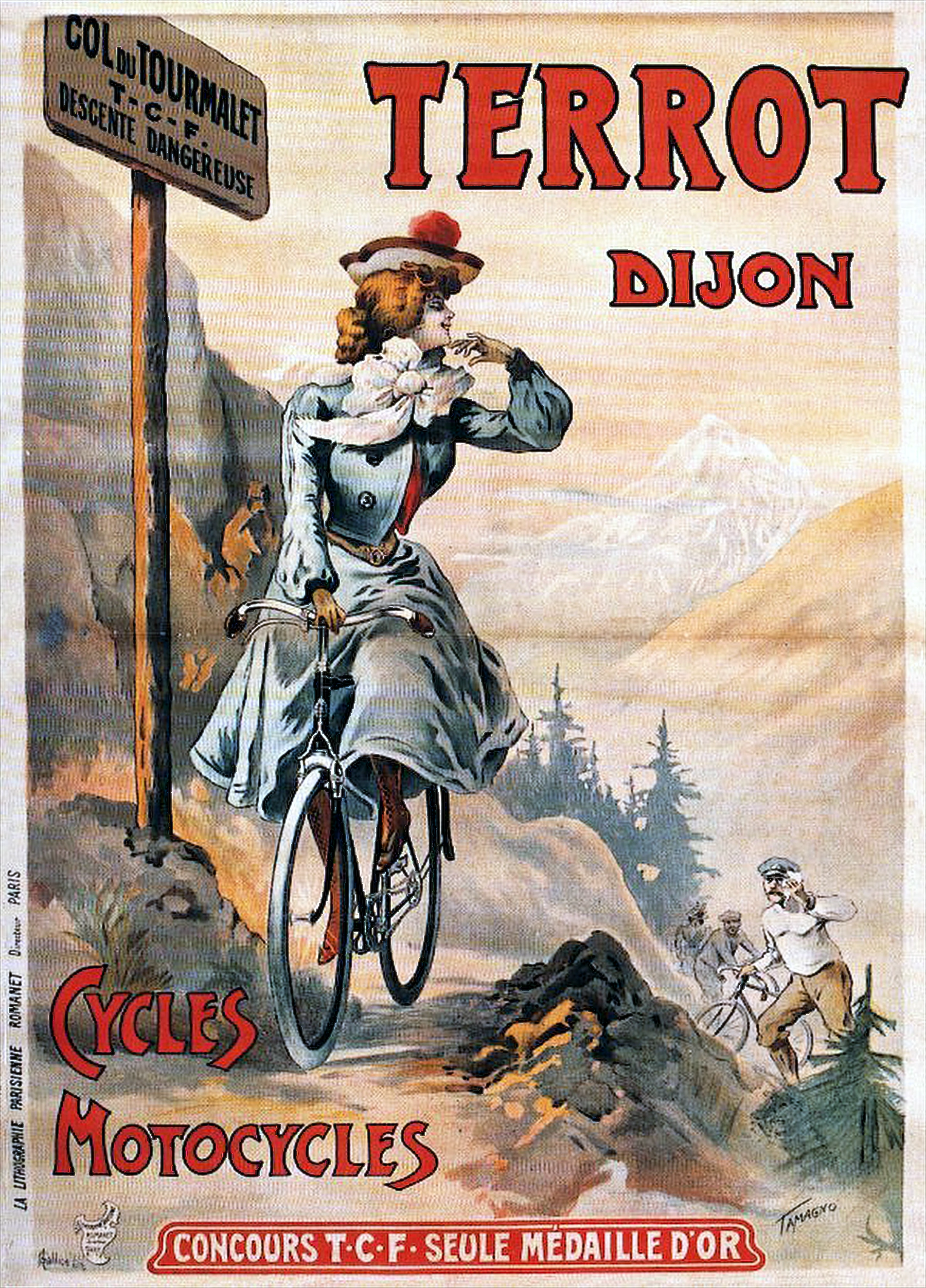 Terrot Dijon cycles and motorcycles poster by Tamagno, 1903, a woman descending a mountain path past a Col du Tourmalet danger sign, riders behind