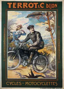 Terrot Dijon cycles and motorcycles poster by Tamagno, 1904, a man riding an early Terrot motorcycle on a coast road with a woman cycling behind