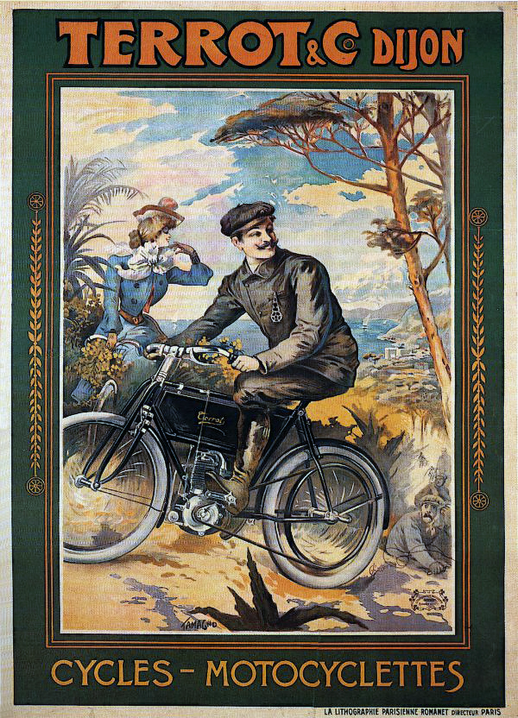 Terrot Dijon cycles and motorcycles poster by Tamagno, 1904, a man riding an early Terrot motorcycle on a coast road with a woman cycling behind