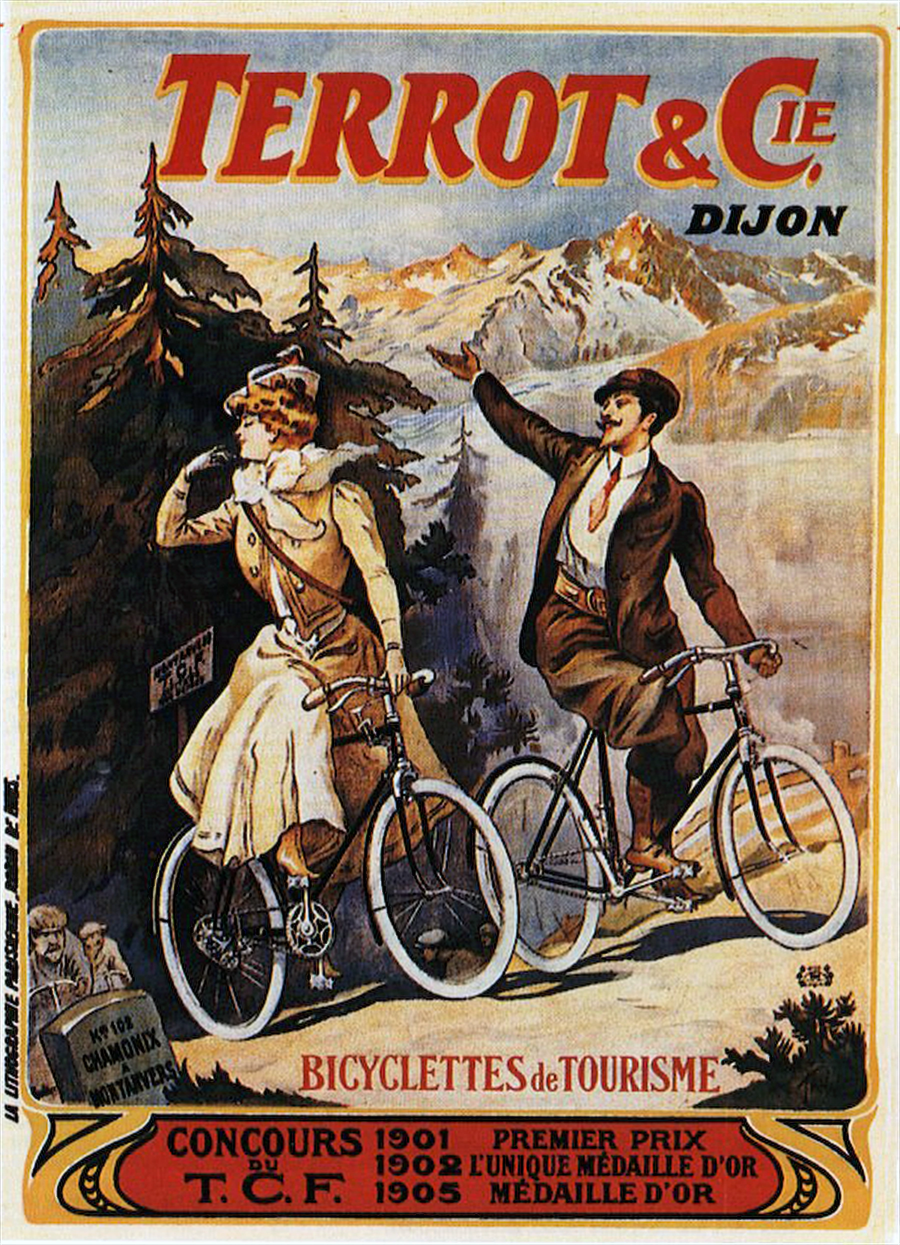 Terrot Dijon touring bicycles poster by Tamagno, 1905, a man and woman pausing on an alpine path near a Chamonix milestone with snowy peaks beyond