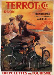 Terrot Dijon touring bicycles poster by Tamagno, 1906, a couple resting on a headland at sunset with Mont-Saint-Michel and two bicycles below