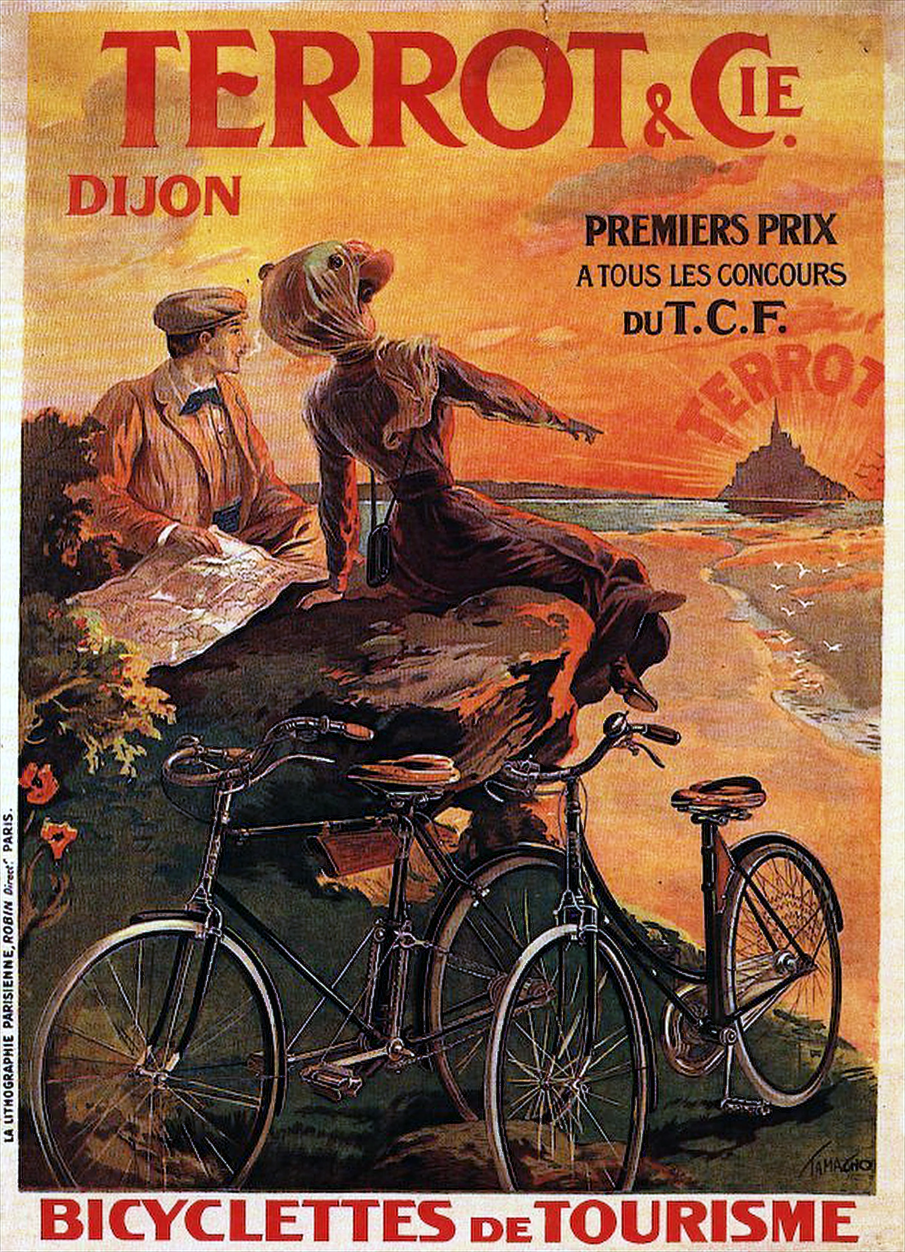 Terrot Dijon touring bicycles poster by Tamagno, 1906, a couple resting on a headland at sunset with Mont-Saint-Michel and two bicycles below