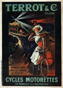 Terrot Dijon Cycles Motorettes poster by Tamagno, 1907, a woman cycling at night past a floodlit exhibition palace and a crowd of riders