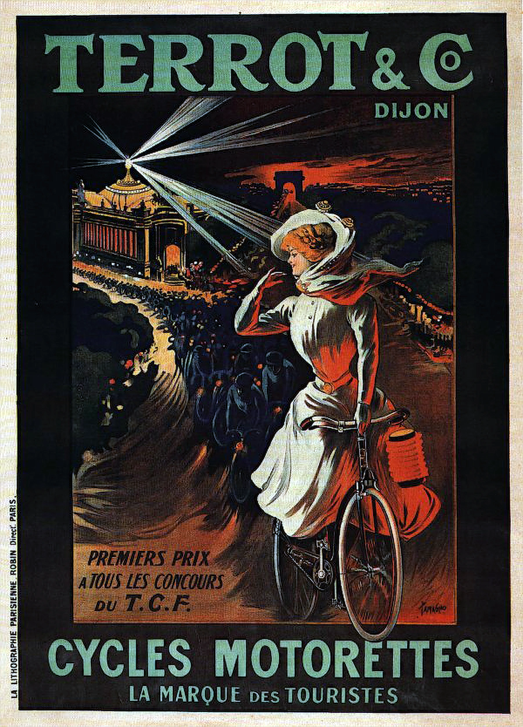 Terrot Dijon Cycles Motorettes poster by Tamagno, 1907, a woman cycling at night past a floodlit exhibition palace and a crowd of riders