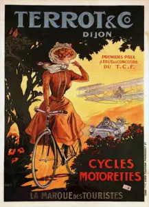 Terrot Dijon Cycles Motorettes poster by Tamagno, 1908, a woman on a bicycle beneath a tree as a biplane and an early automobile pass at sunset