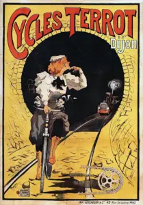 Cycles Terrot Dijon poster by Plouzeau, 1900, a red-haired woman cycling out of a stone tunnel as a small locomotive approaches on the tracks