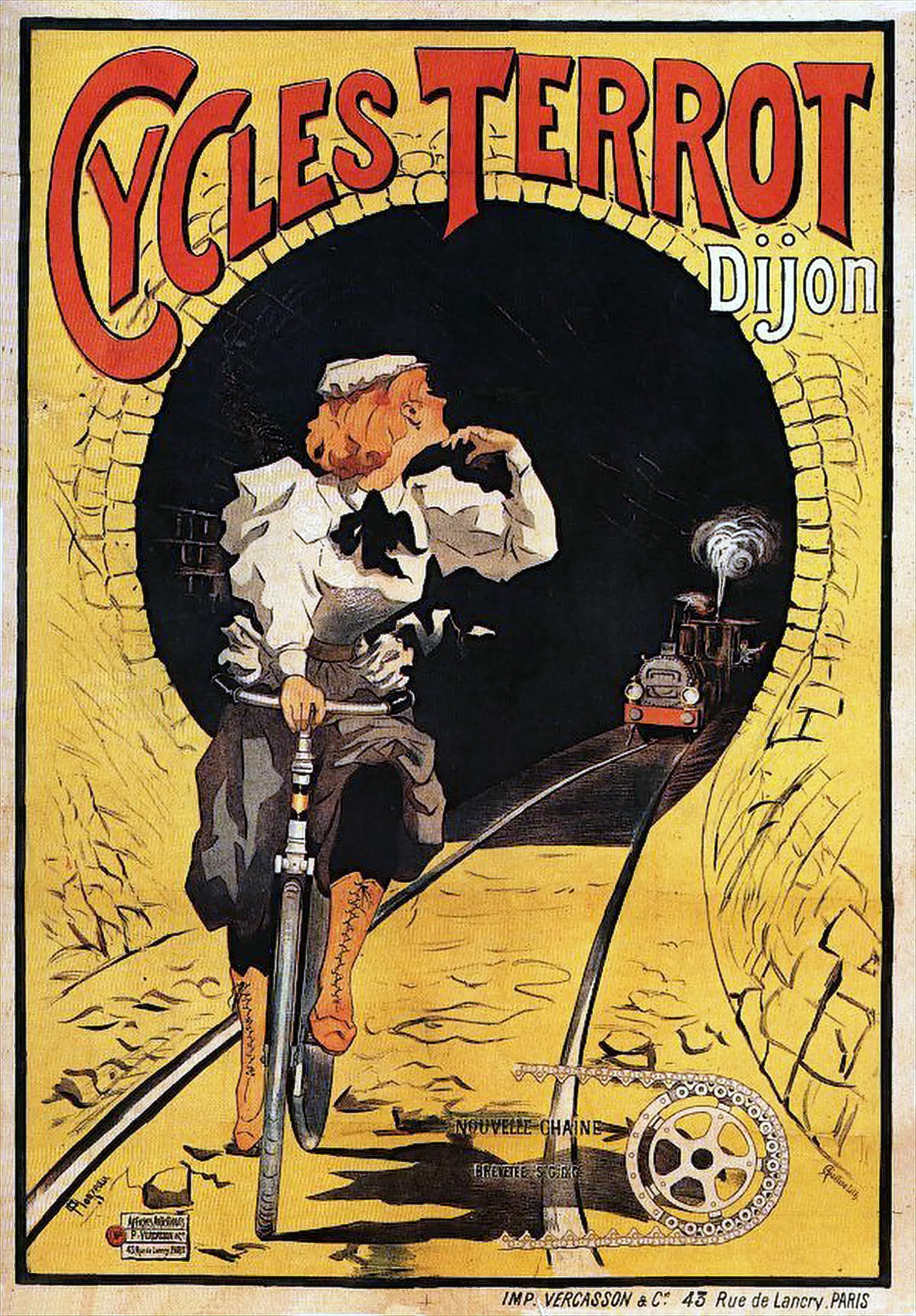 Cycles Terrot Dijon poster by Plouzeau, 1900, a red-haired woman cycling out of a stone tunnel as a small locomotive approaches on the tracks