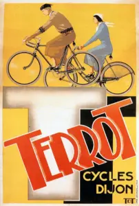 Art deco Terrot Cycles Dijon poster by V. Dumay, 1933, a man and woman cycling side by side above bold stylized Terrot lettering