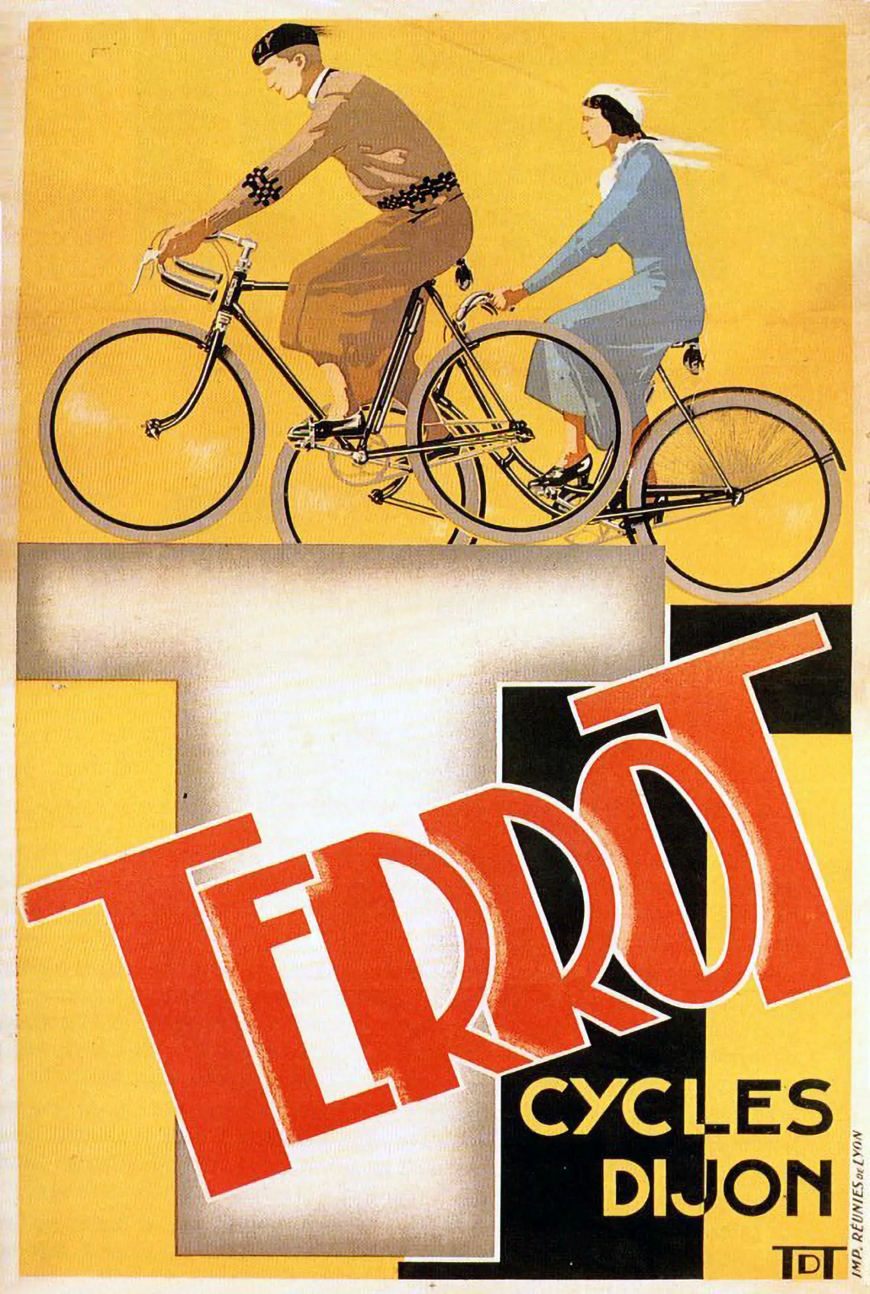 Art deco Terrot Cycles Dijon poster by V. Dumay, 1933, a man and woman cycling side by side above bold stylized Terrot lettering