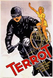 Terrot poster by V. Dumay, 1952, a goggled rider on a Terrot motorcycle with a woman waving from a bicycle, for cycles velomoteurs scooters and motos