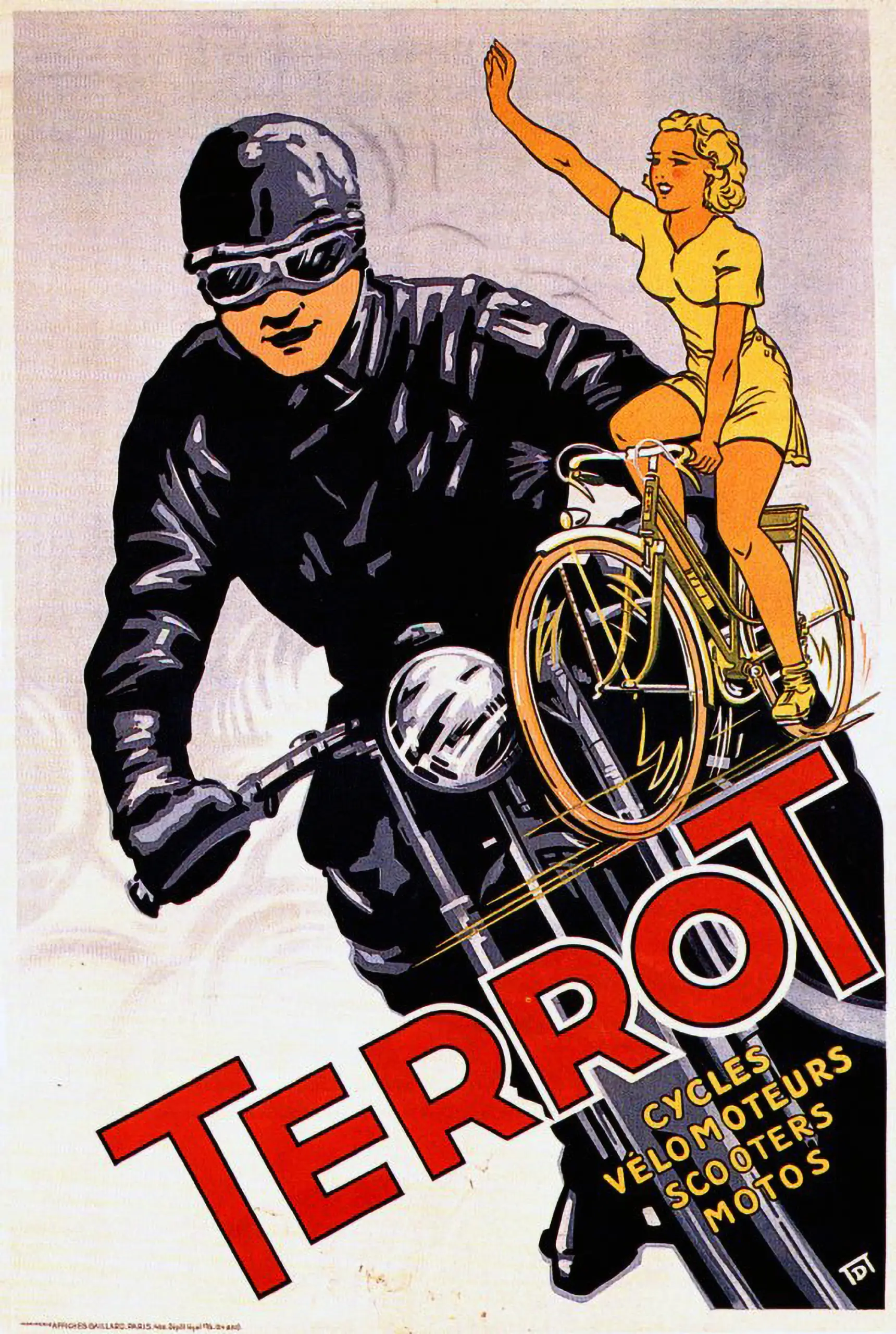 Terrot poster by V. Dumay, 1952, a goggled rider on a Terrot motorcycle with a woman waving from a bicycle, for cycles velomoteurs scooters and motos