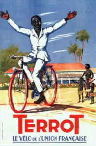 Terrot Le Vélo de l'Union Française poster by V. Dumay, circa 1950, a man riding a bicycle no-hands before a Terrot shop in a colonial tropical setting