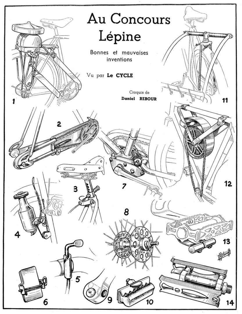 Daniel Rebour drawings: Au Concours Lépine : bonnes et mauvaises inventions (Le Cycle, October 1949)
