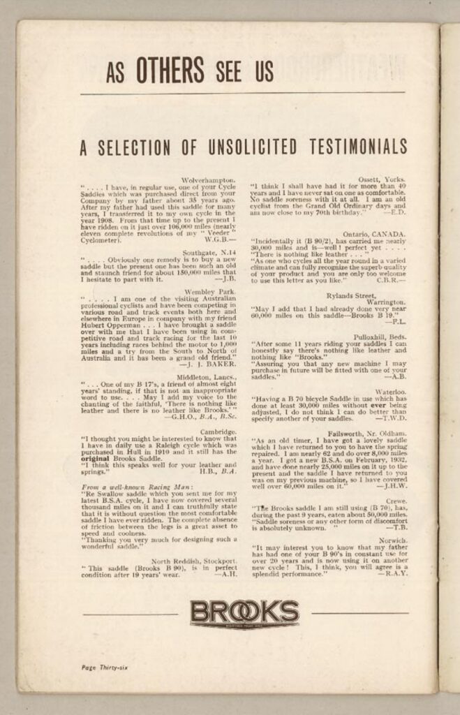 Page 36 of the 1937 Brooks catalog, headed As Others See Us, printing two columns of unsolicited testimonial letters from riders reporting decades of mileage on their Brooks saddles.