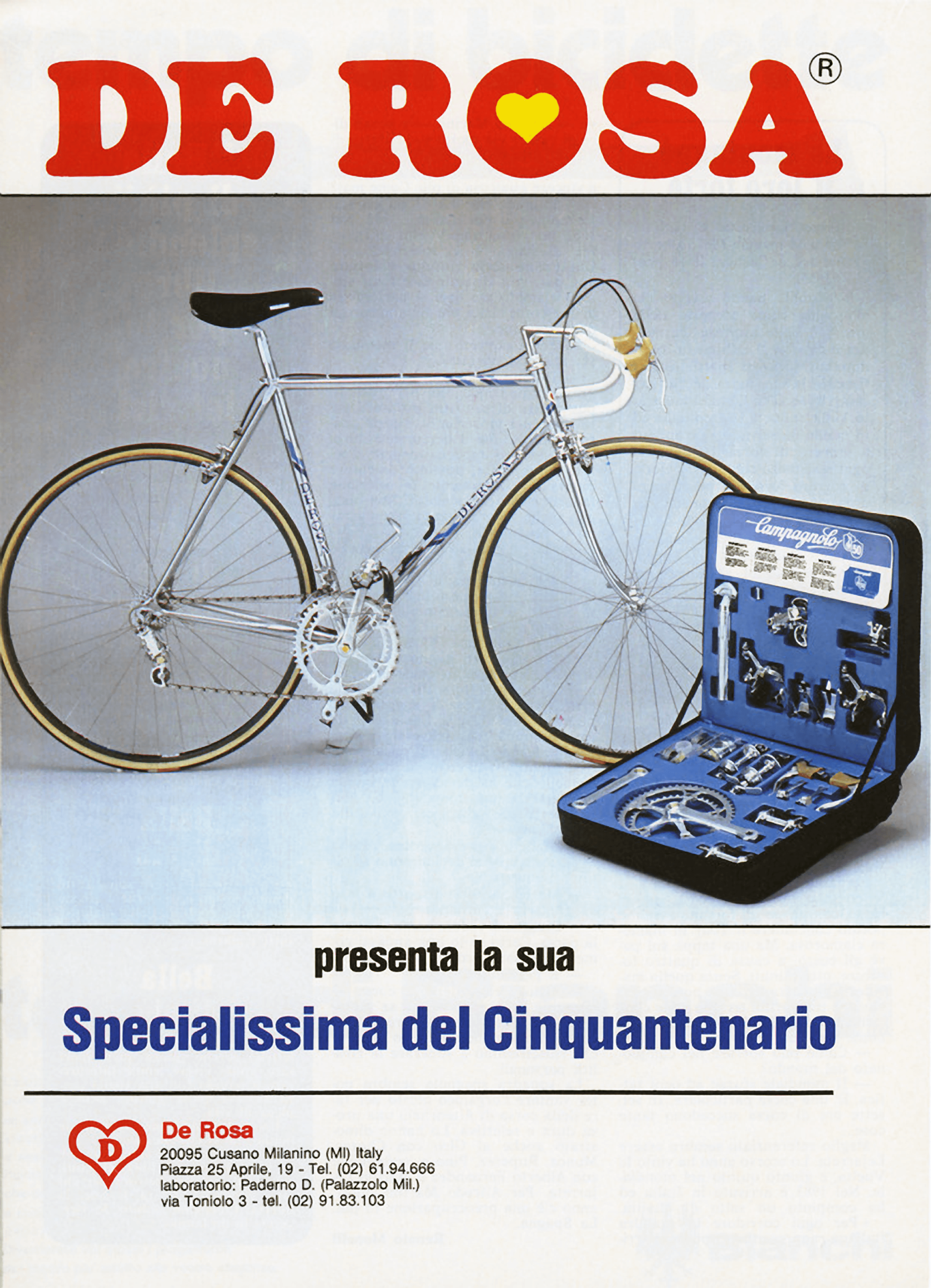 1983 De Rosa advertisement for the Specialissima del Cinquantenario, showing a chrome-finish road frame beside an open Campagnolo tool case.