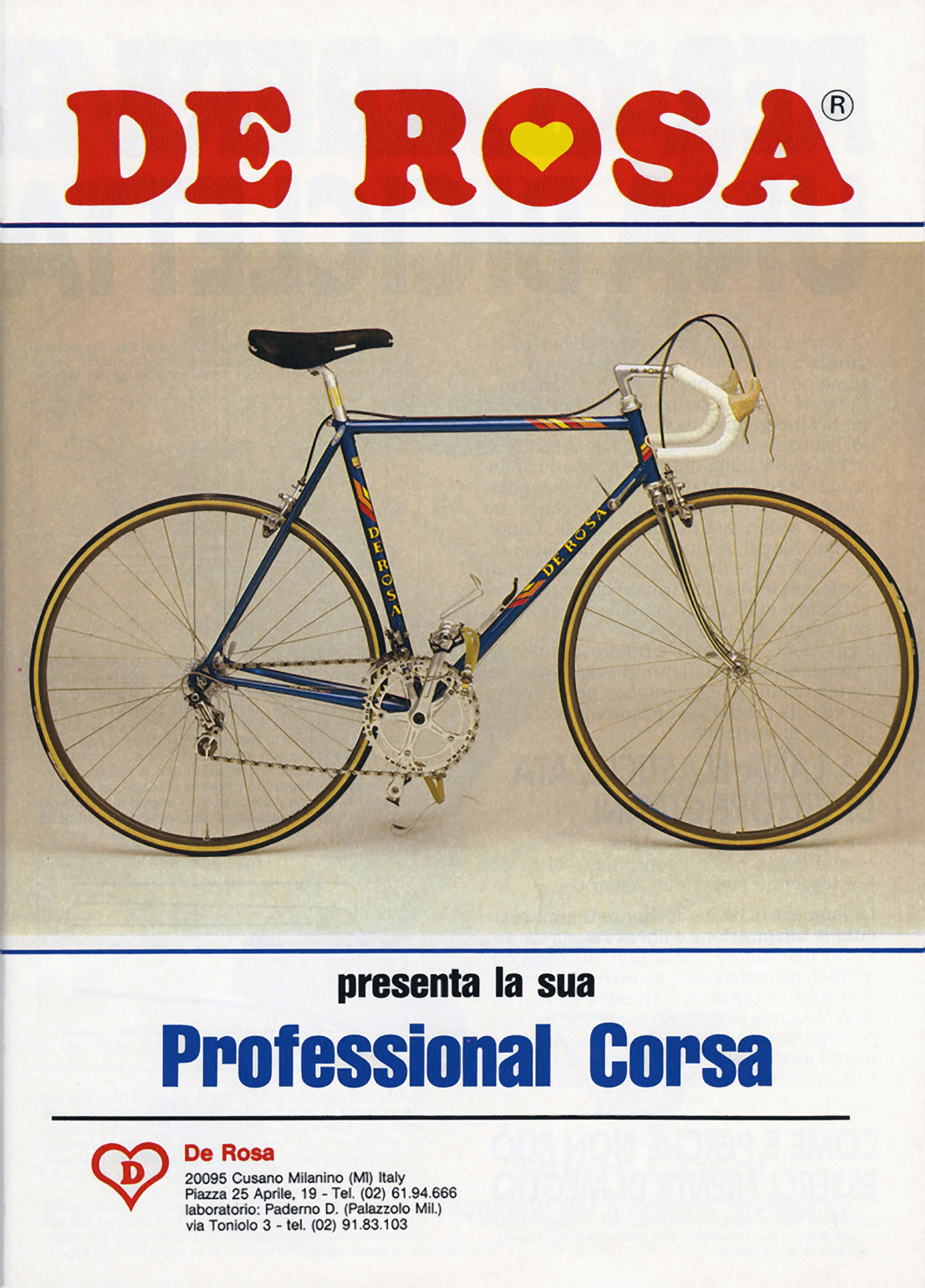 1984 De Rosa advertisement featuring a blue Professional Corsa road racing bicycle beneath the red De Rosa logo and Cusano Milanino address block.