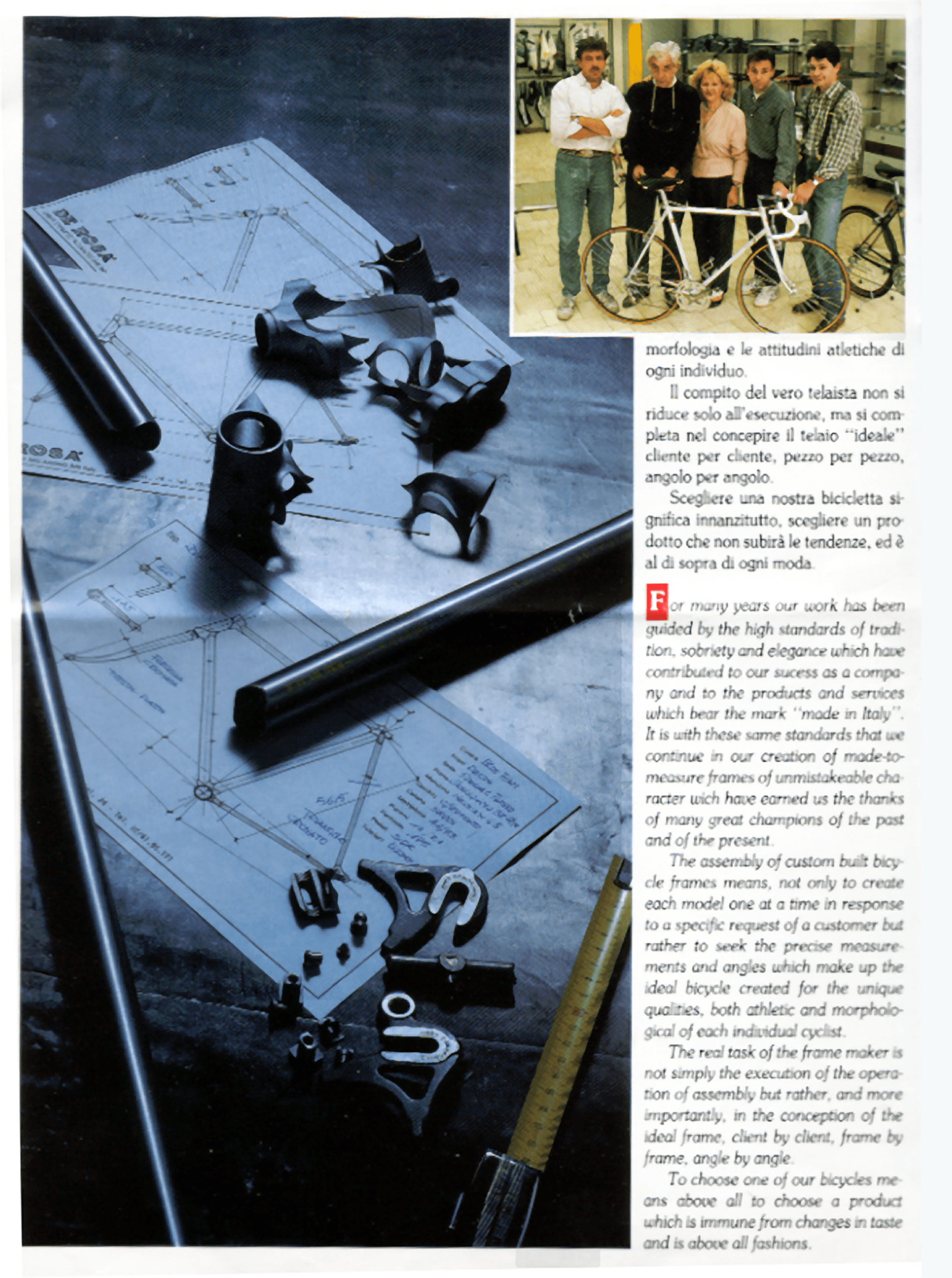 1988 De Rosa catalog page pairing frame blueprints and cut tubing with an inset shop photo of five people and a bicycle, beside bilingual text.