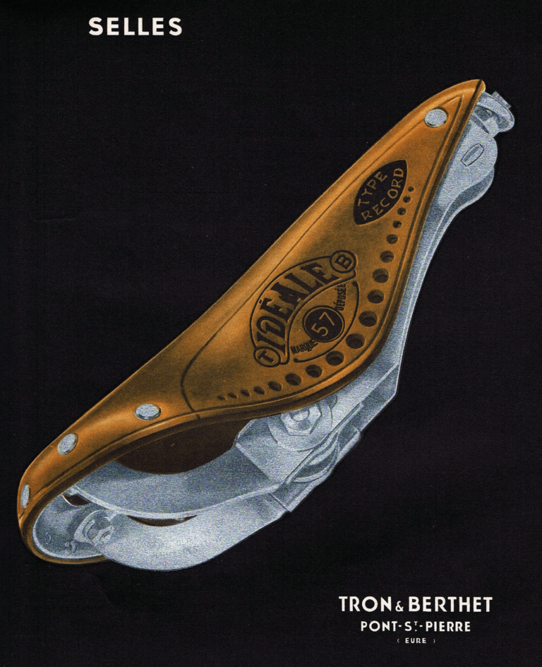 Cover of the Idéale catalog of about 1936, headed Selles, with a copper toned Type Record No. 57 saddle floating above its ghosted frame on a black ground