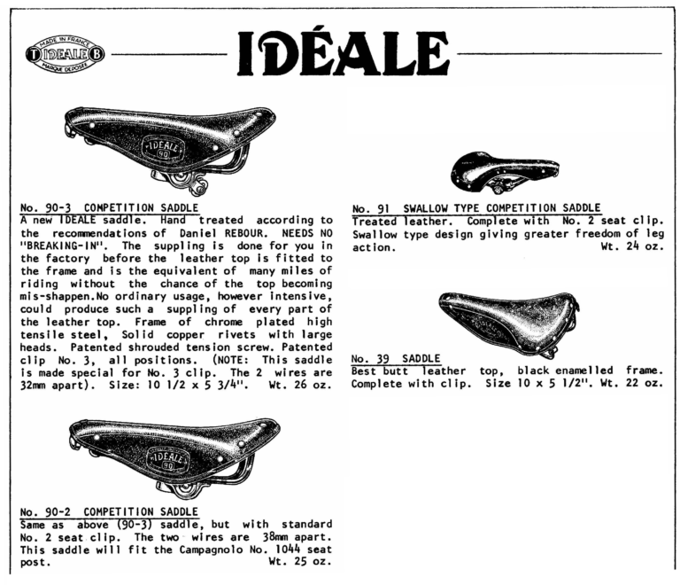 Cyclo-pedia catalog page for Idéale, describing the No. 90-3 and No. 90-2 competition saddles hand treated to Daniel Rebour's recommendations, the No. 91 swallow pattern and the No. 39