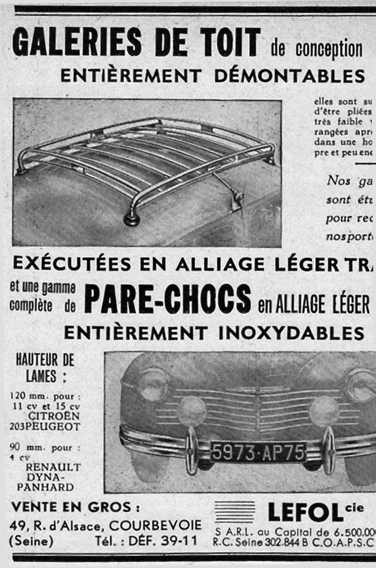 Lefol 1952 Advertisement — Galeries de Toit et Pare-Chocs en Alliage Léger — page 1 of 1