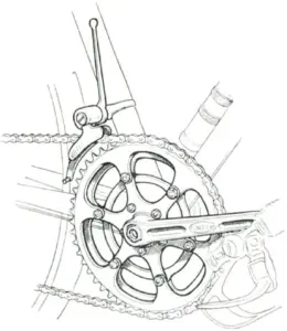 Technical line illustration of a bicycle crankset and chainring engraved with the Specialites TA badge