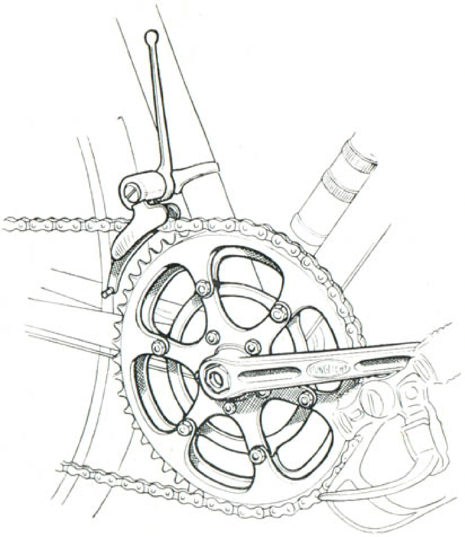 Technical line illustration of a bicycle crankset and chainring engraved with the Specialites TA badge