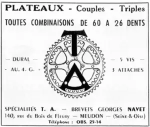 1950 French advertisement for Specialites TA Duralumin chainrings with Meudon workshop address