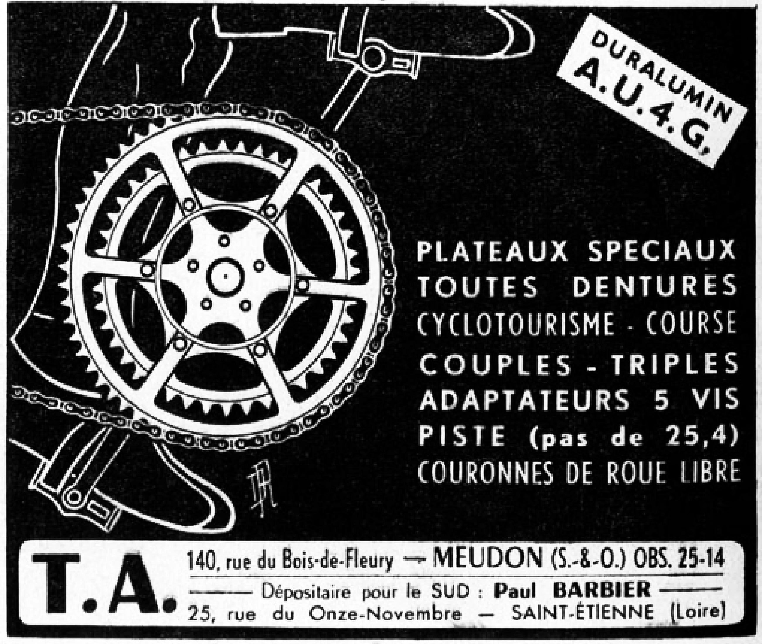 1951 black and white advertisement for TA Duralumin chainrings and five bolt adaptors with cyclotourisme and track fitments