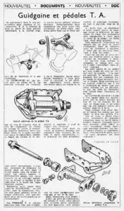1952 Le Cycle magazine technical article with exploded diagrams of the TA cage pedal and Guidgaine handlebar fitting