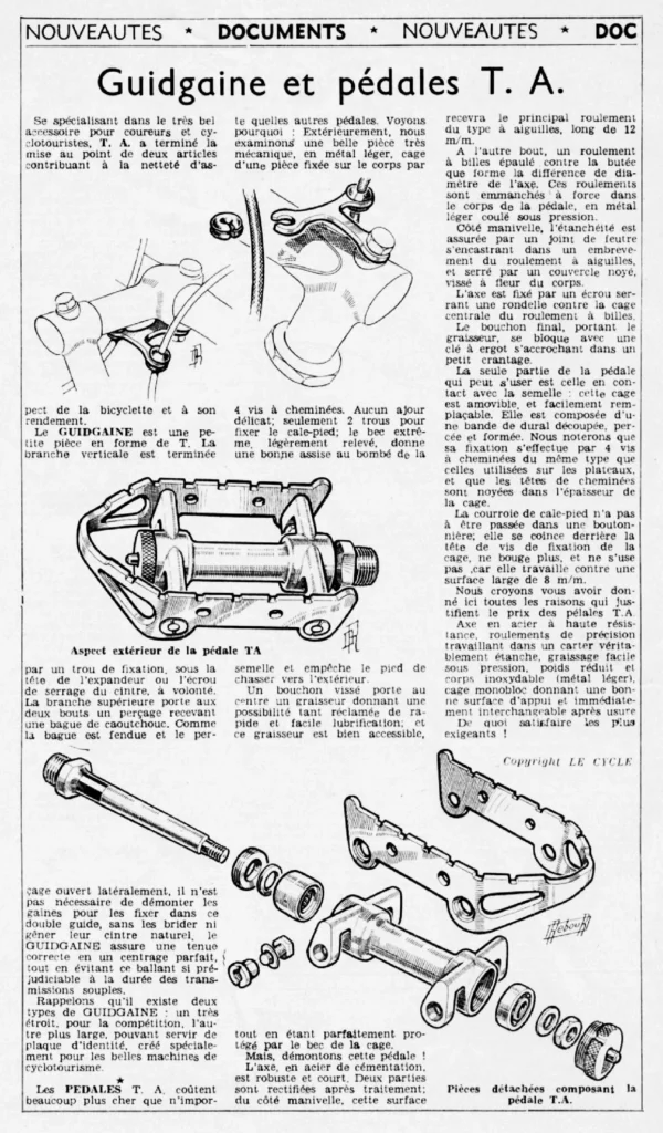 1952 Le Cycle magazine technical article with exploded diagrams of the TA cage pedal and Guidgaine handlebar fitting