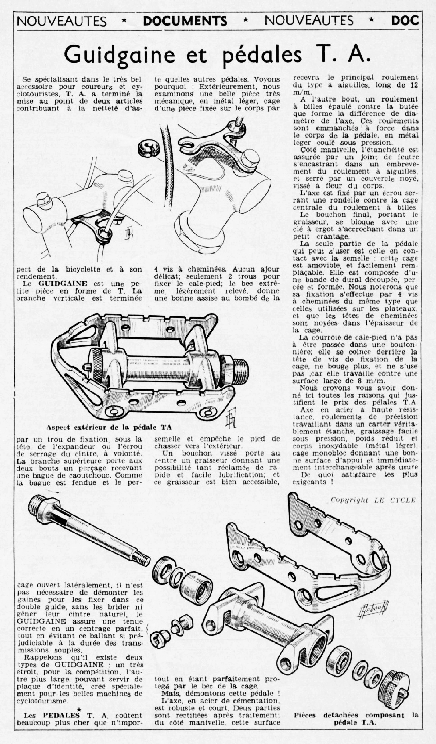 1952 Le Cycle magazine technical article with exploded diagrams of the TA cage pedal and Guidgaine handlebar fitting