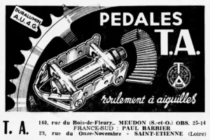 1952 black background advertisement for TA duralumin needle bearing pedals with technical cutaway illustration